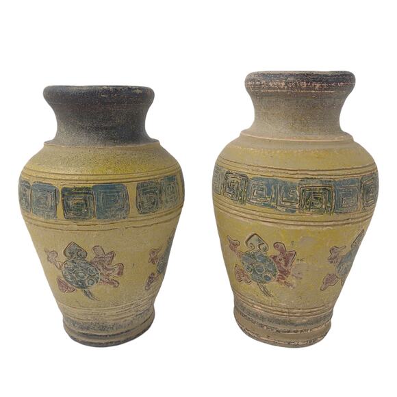 Set of 2 Vintage Terra Cotta Pottery Greek Key 6" Vases w/ Turtles Redware Black - Picture 1 of 6